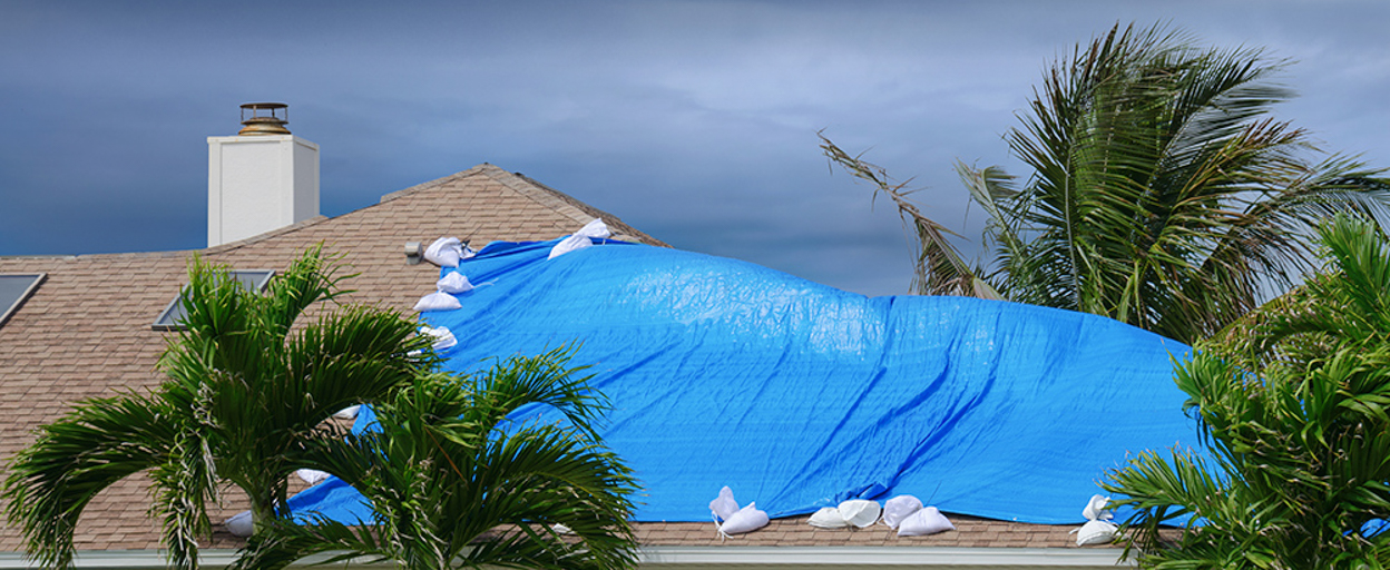 Roof of house with blue tarp covering part