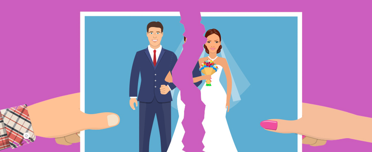 Cartoon image of tearing photo of wedding couple apart