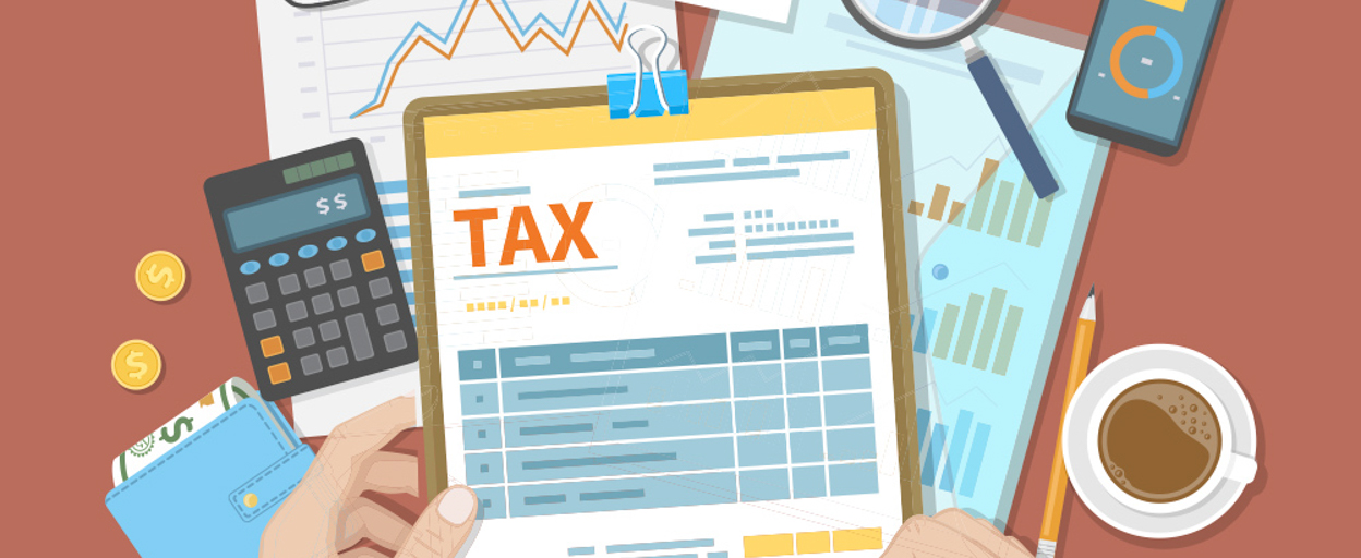 Illustration of tax return with calculator pen and coffee