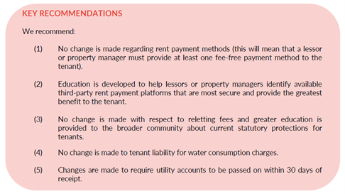 Key recommendations in response to the Stage 2 Rental Law Reform Options Paper 5