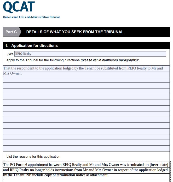QCAT Form 40 example text
