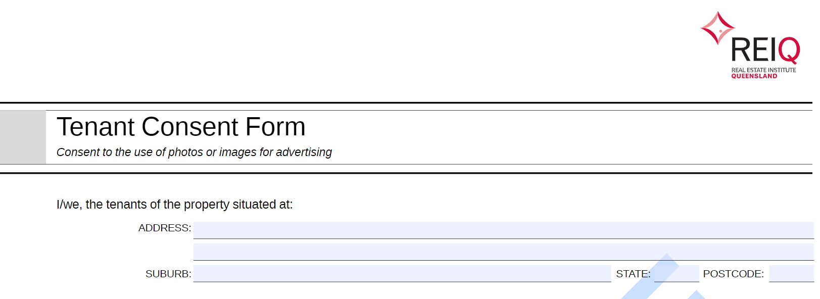 Tenant consent form - consent to the use of photos or images for advertising